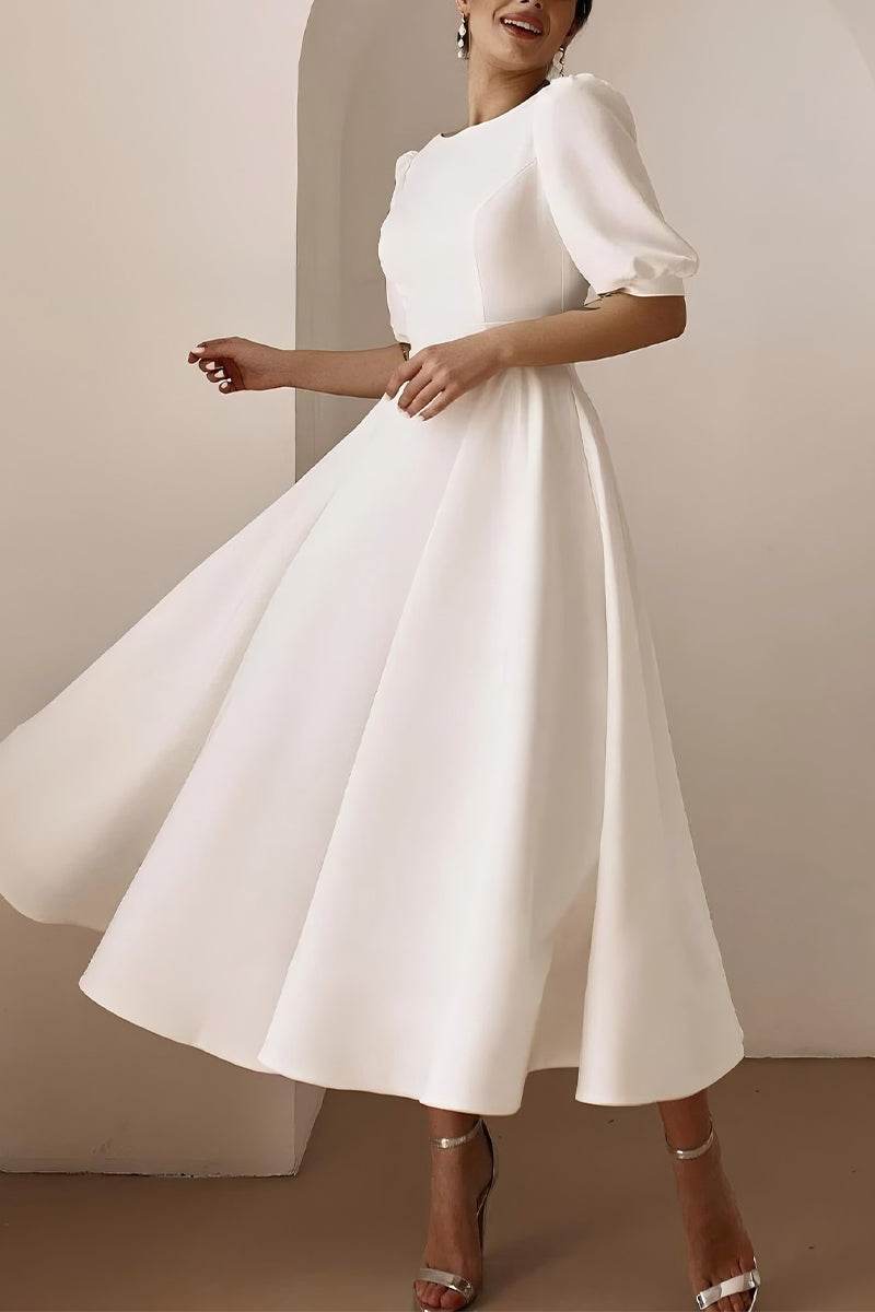 A-Line Tea Length Elastic Cloth Little White Dress 100012 - COCOMELODY